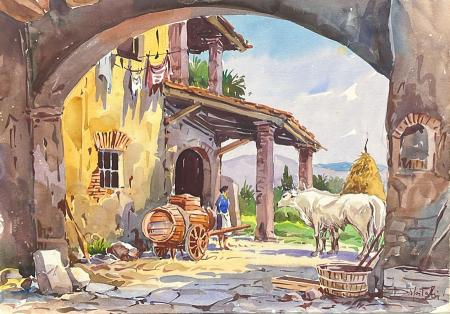 Quadro di Giovanni Ospitali Cortile Rustico  - acquerello cartone 